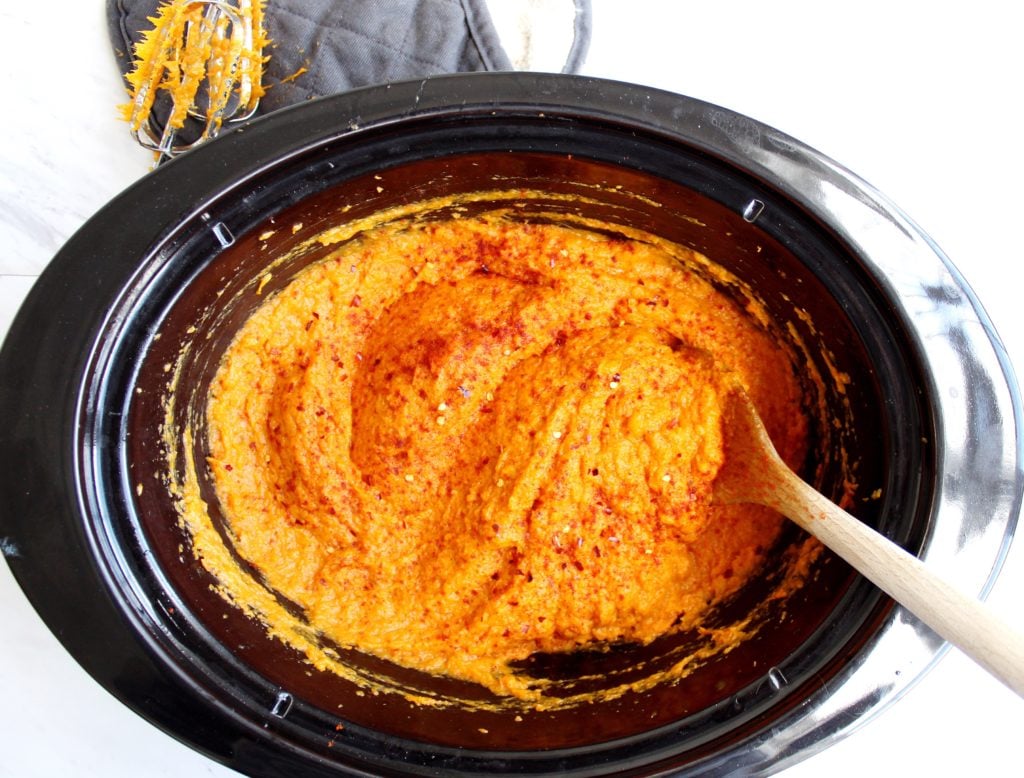 mashed sweet potatoes in a slow cooker