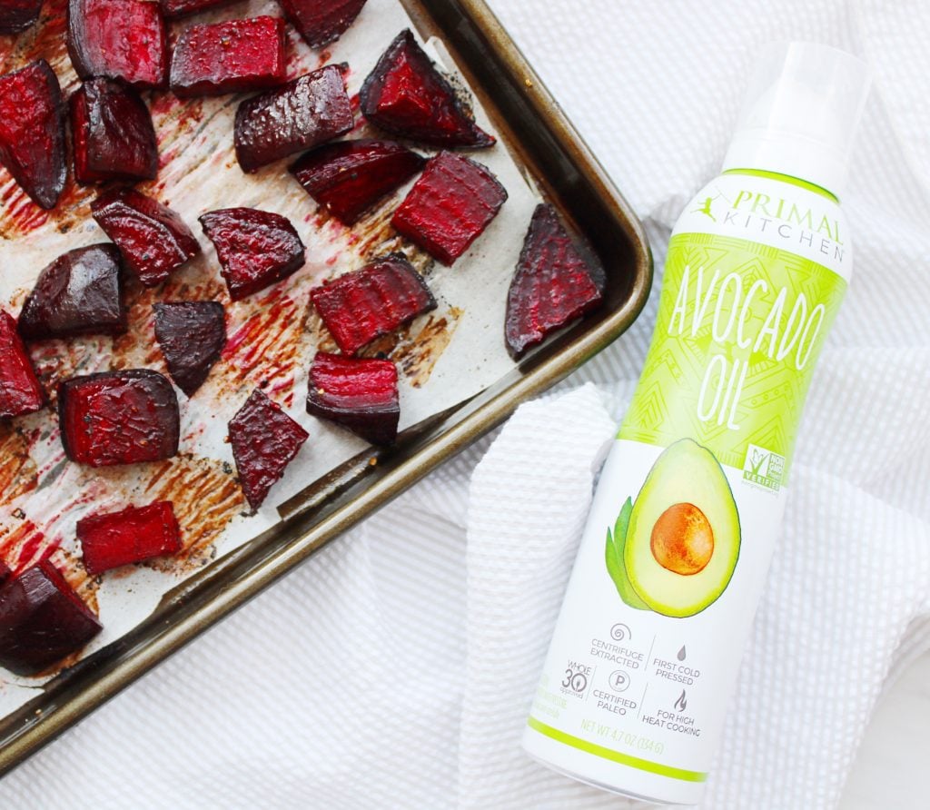 Roasted Beets on a Sheet Pan with Avocado Oil Spray next to it 