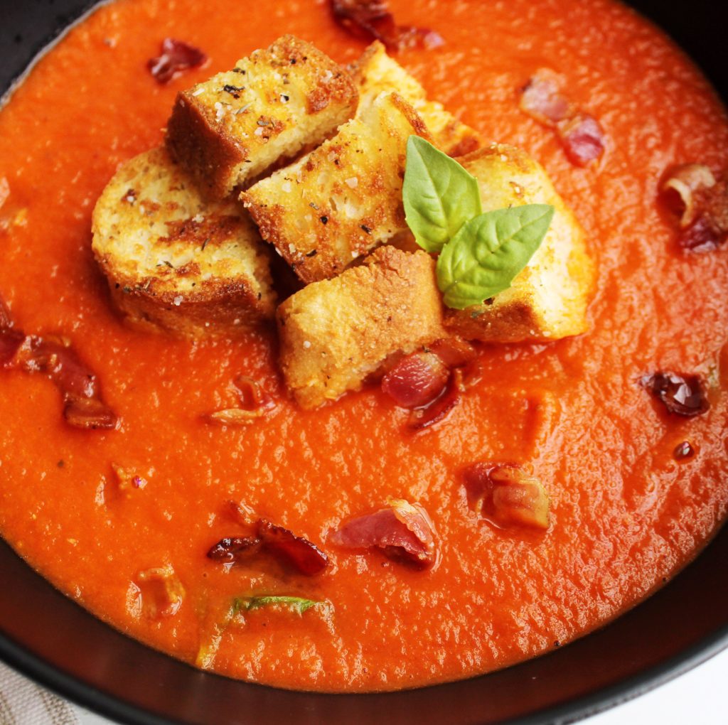 Tomato Basil Soup with Croutons, Pancetta and Basil