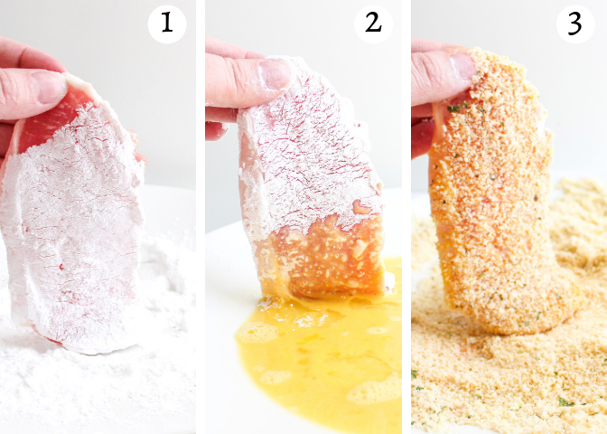 step by step photos of how to dredge a pork chop