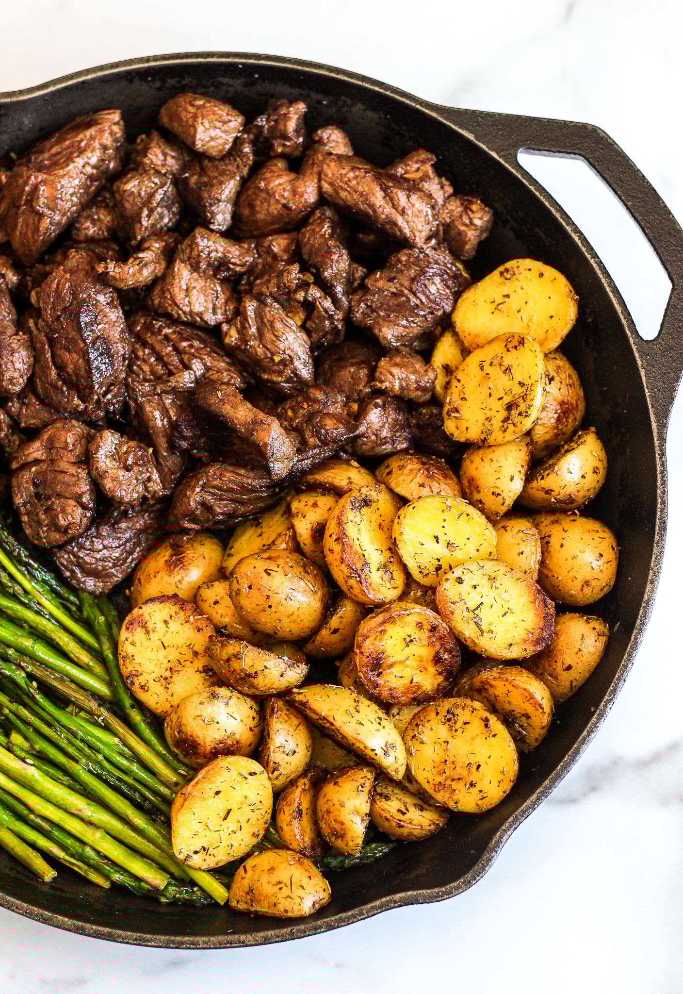 Balsamic Steak Tips with Herbed Potatoes & Asparagus