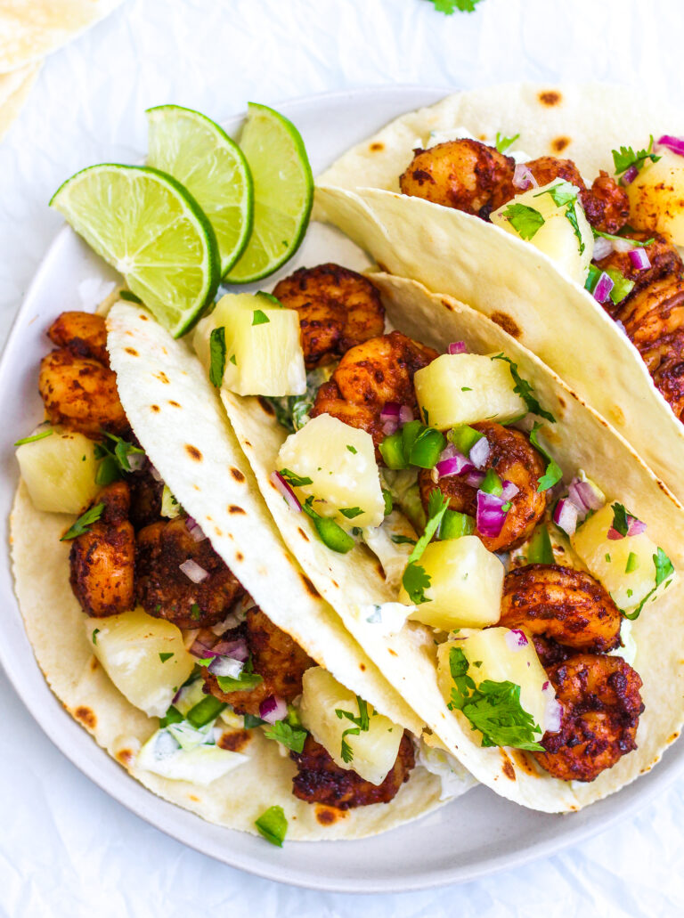 Shrimp Tacos with Slaw & Pineapple Salsa