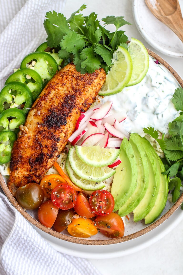 Fish Taco Bowls with Cilantro Lime Cream Sauce