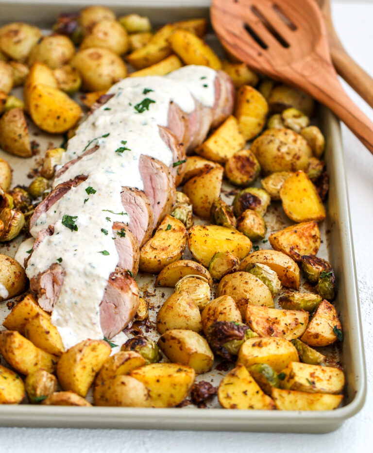 Sheet Pan Pork Tenderloin and Veggies with Creamy Mustard Sauce