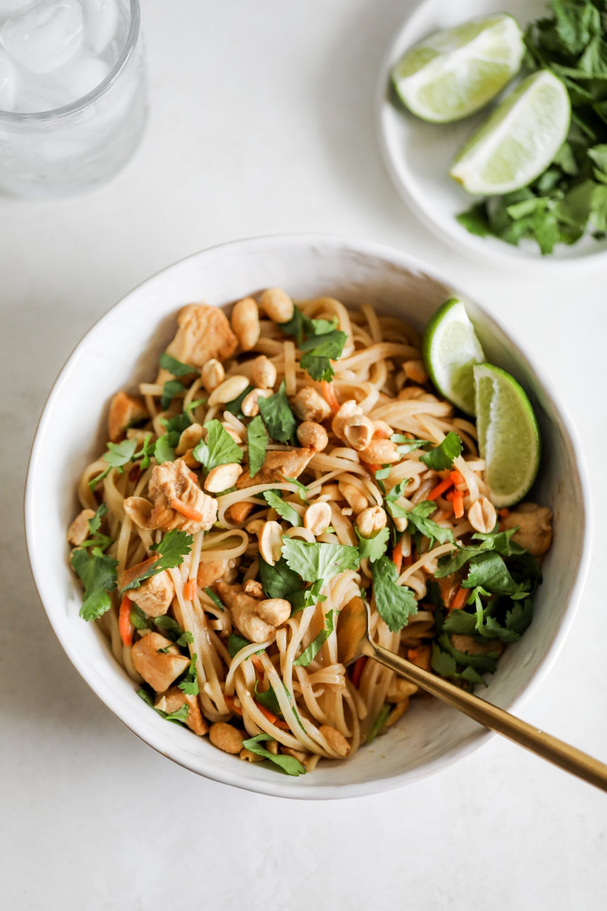 Instant Pot Pad Thai in a bowl with a gold fork twirled into the noodles